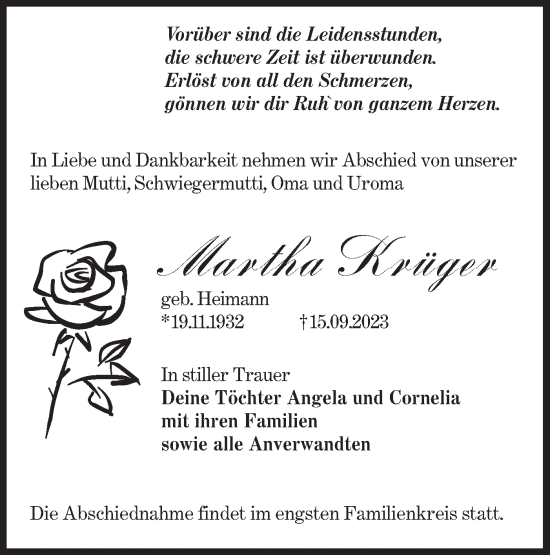 Traueranzeige von Martha Krüger von Lausitzer Rundschau