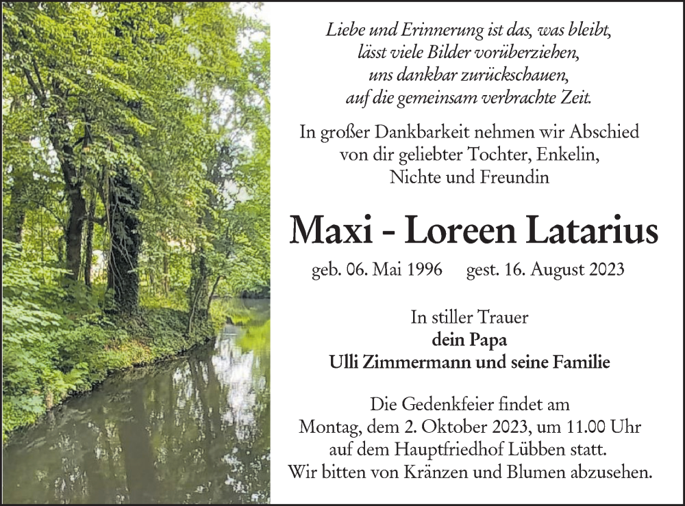 Traueranzeige für Maxi-Loreen Latarius vom 16.09.2023 aus Lausitzer Rundschau