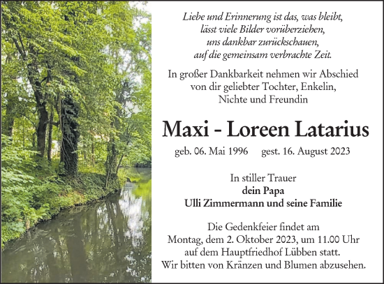 Traueranzeige von Maxi-Loreen Latarius von Lausitzer Rundschau