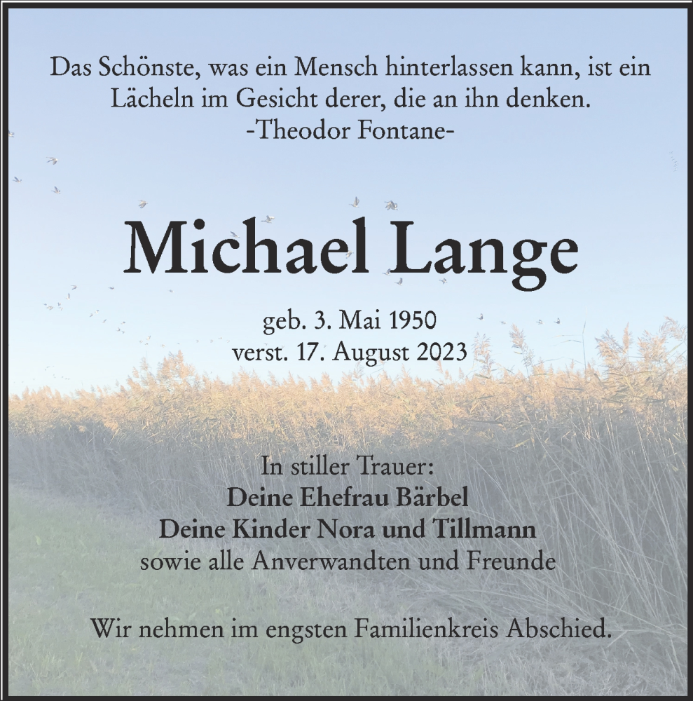  Traueranzeige für Michael Lange vom 09.09.2023 aus Lausitzer Rundschau