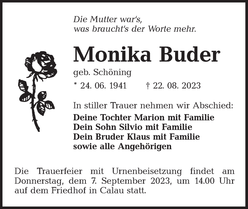  Traueranzeige für Monika Buder vom 02.09.2023 aus Lausitzer Rundschau