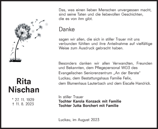 Traueranzeige von Rita Nischan von Lausitzer Rundschau