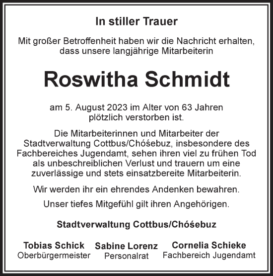 Traueranzeige von Roswitha Schmidt von Lausitzer Rundschau