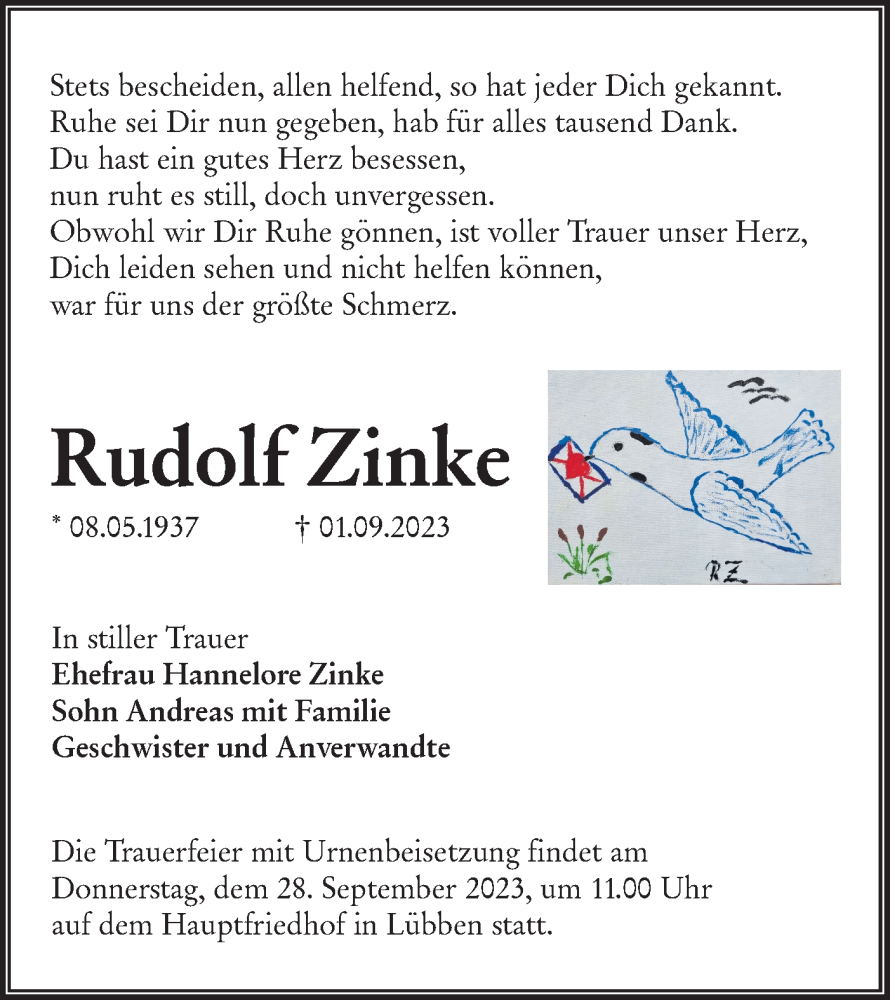  Traueranzeige für Rudolf Zinke vom 16.09.2023 aus Lausitzer Rundschau