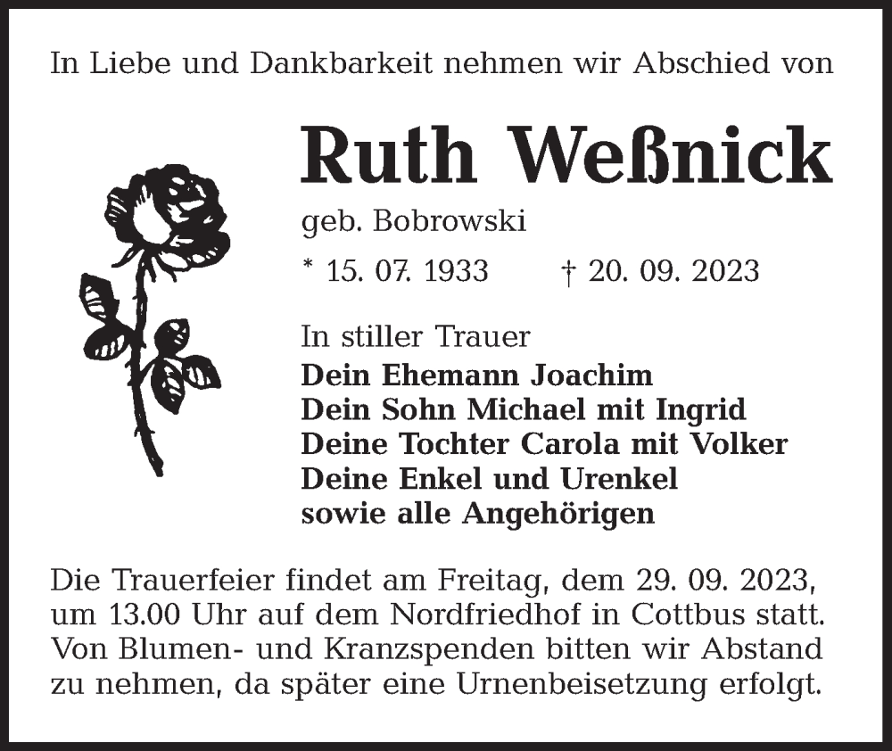  Traueranzeige für Ruth Weßnick vom 25.09.2023 aus Lausitzer Rundschau