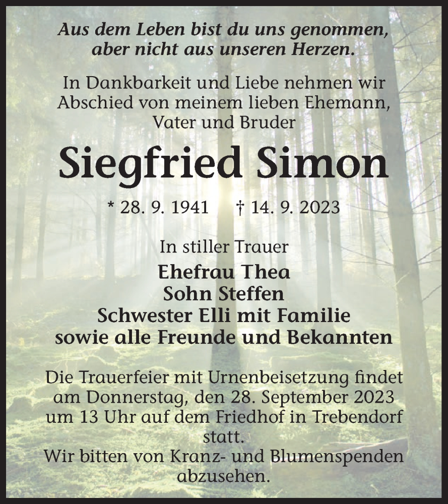  Traueranzeige für Siegfried Simon vom 23.09.2023 aus Lausitzer Rundschau
