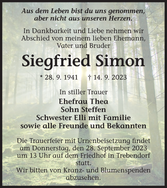 Traueranzeige von Siegfried Simon von Lausitzer Rundschau