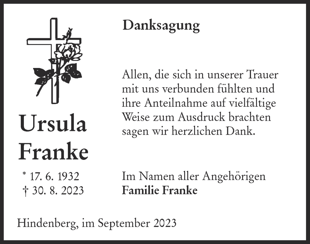  Traueranzeige für Ursula Franke vom 16.09.2023 aus Lausitzer Rundschau
