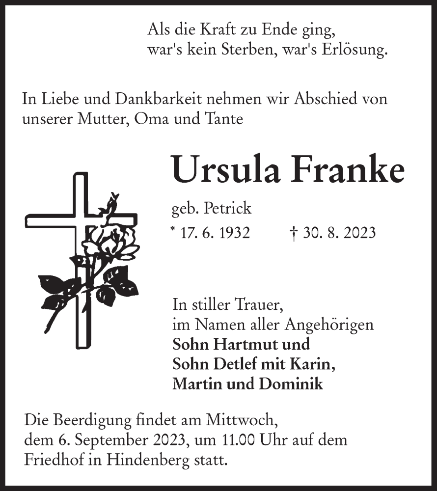  Traueranzeige für Ursula Franke vom 02.09.2023 aus Lausitzer Rundschau