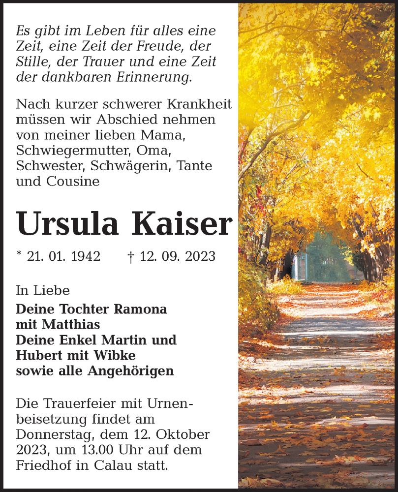 Traueranzeige für Ursula Kaiser vom 23.09.2023 aus Lausitzer Rundschau