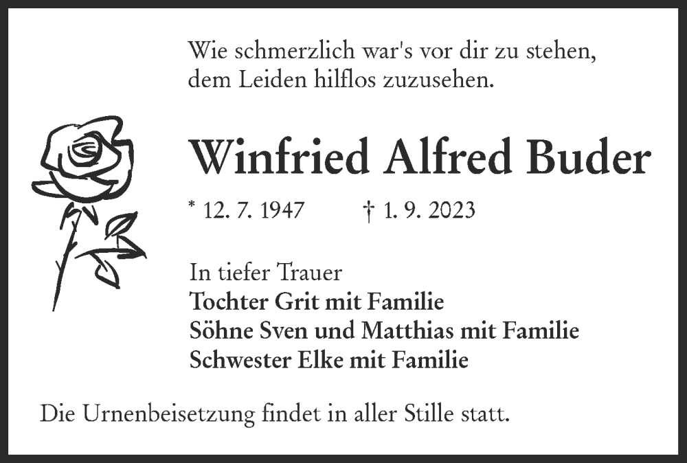  Traueranzeige für Winfried Alfred Buder vom 16.09.2023 aus Lausitzer Rundschau