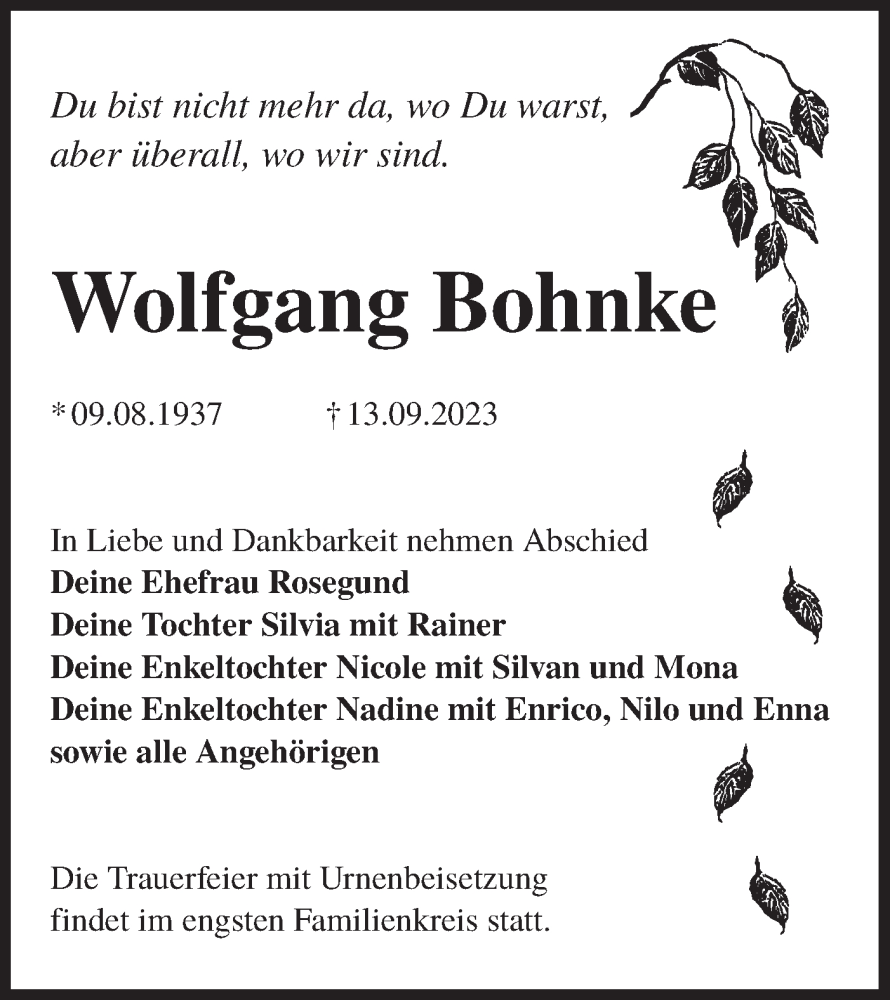  Traueranzeige für Wolfgang Bohnke vom 23.09.2023 aus Lausitzer Rundschau