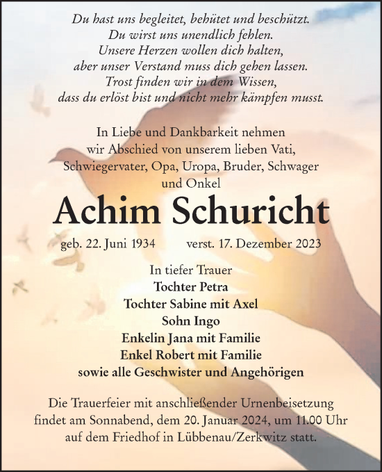 Traueranzeige von Achim Schuricht von Lausitzer Rundschau