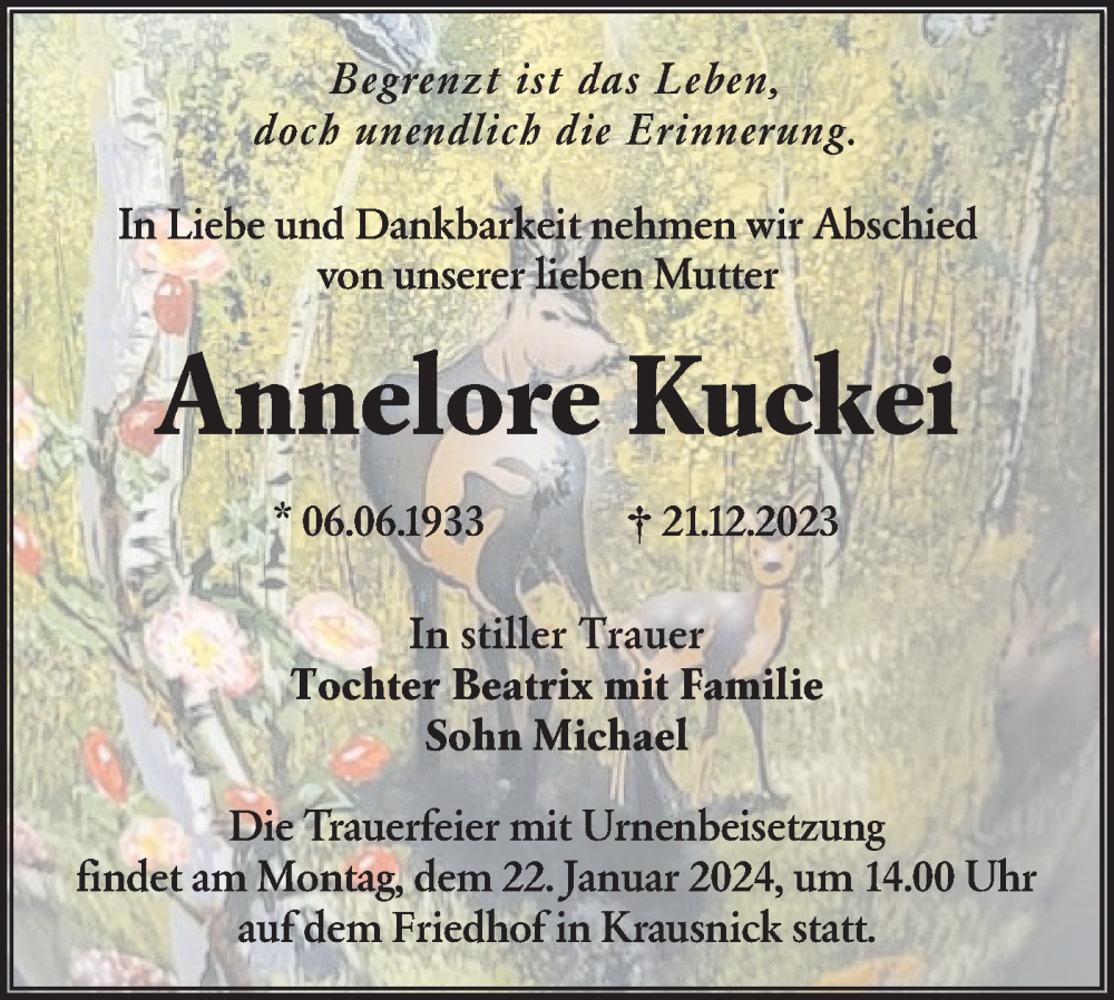  Traueranzeige für Annelore Kuckei vom 13.01.2024 aus Lausitzer Rundschau