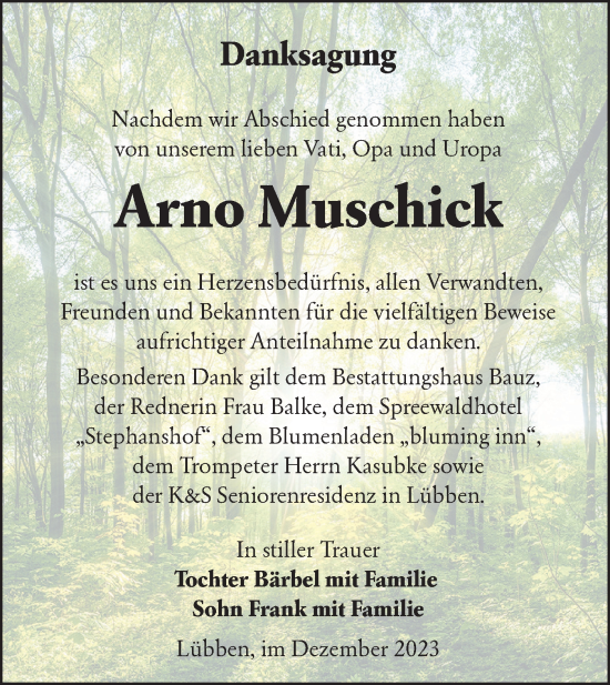 Traueranzeige von Arno Muschick von Lausitzer Rundschau
