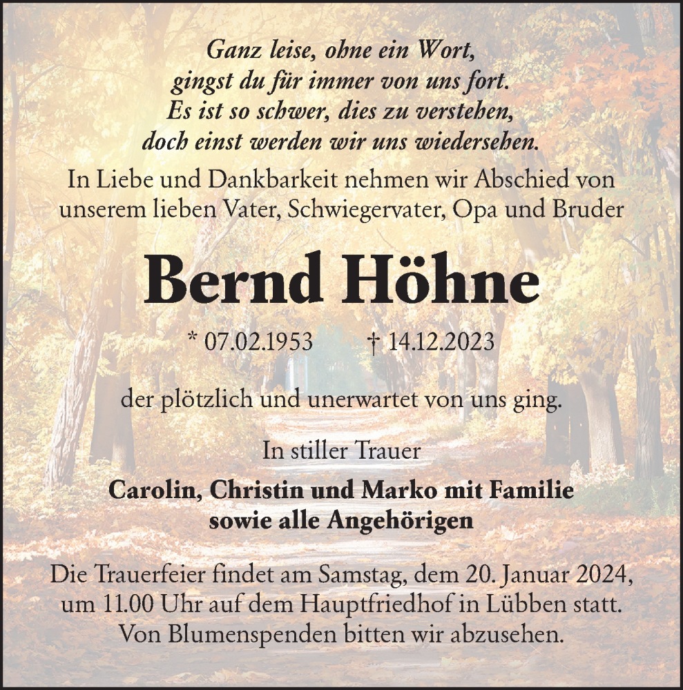  Traueranzeige für Bernd Höhne vom 06.01.2024 aus Lausitzer Rundschau