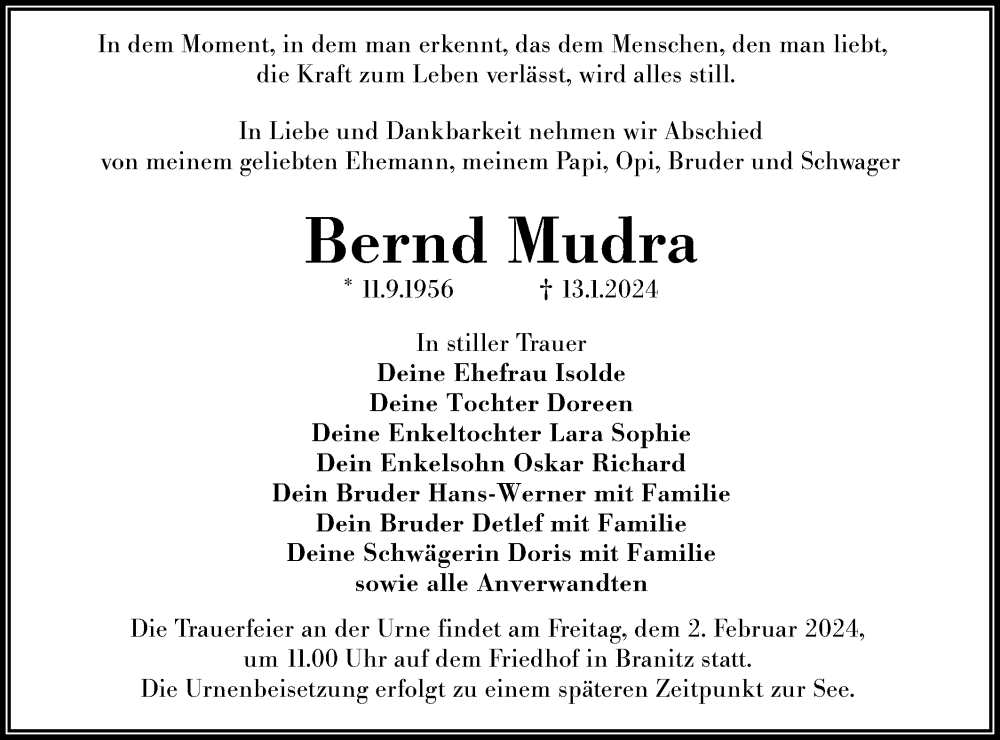  Traueranzeige für Bernd Mudra vom 20.01.2024 aus Lausitzer Rundschau