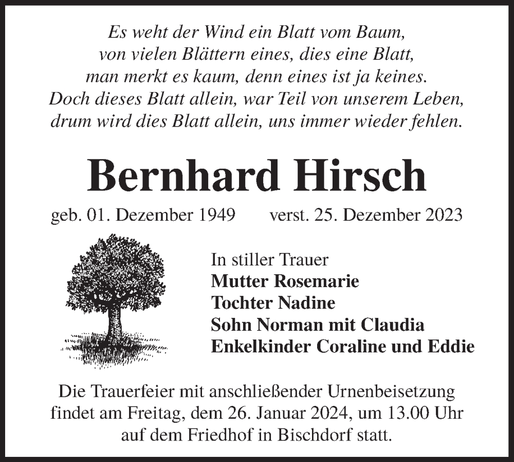  Traueranzeige für Bernhard Hirsch vom 13.01.2024 aus Lausitzer Rundschau