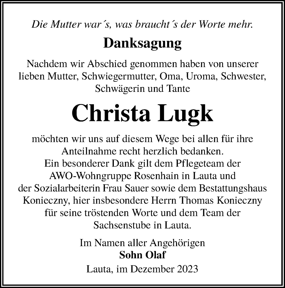  Traueranzeige für Christa Lugk vom 06.01.2024 aus Lausitzer Rundschau