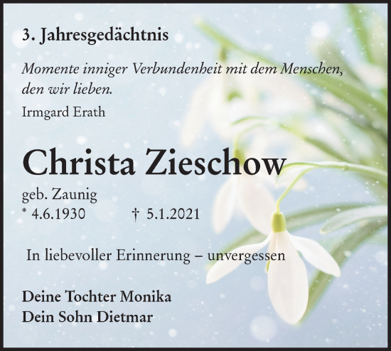 Traueranzeige von Christa Zieschow von Lausitzer Rundschau