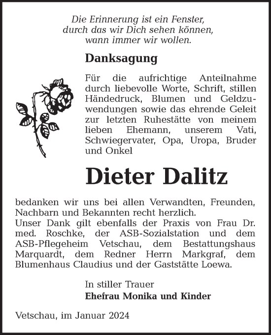 Traueranzeige von Dieter Dalitz von Lausitzer Rundschau
