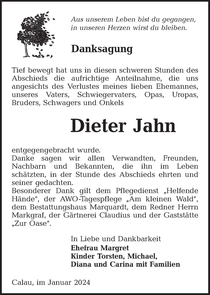  Traueranzeige für Dieter Jahn vom 13.01.2024 aus Lausitzer Rundschau