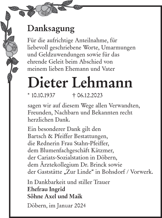 Traueranzeige von Dieter Lehmann von Lausitzer Rundschau