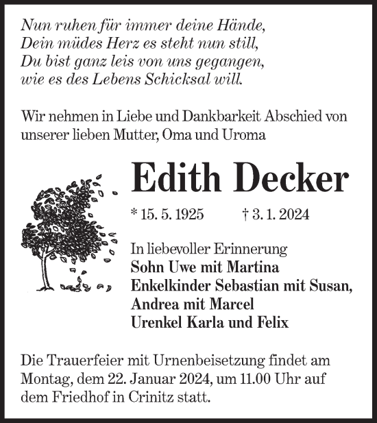 Traueranzeige von Edith Decker von Lausitzer Rundschau