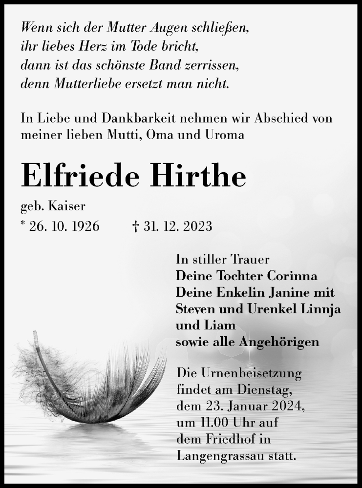 Traueranzeige für Elfriede Hirthe vom 13.01.2024 aus Lausitzer Rundschau