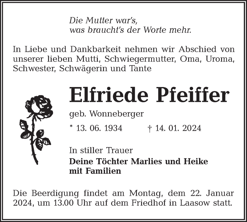  Traueranzeige für Elfriede Pfeiffer vom 20.01.2024 aus Lausitzer Rundschau