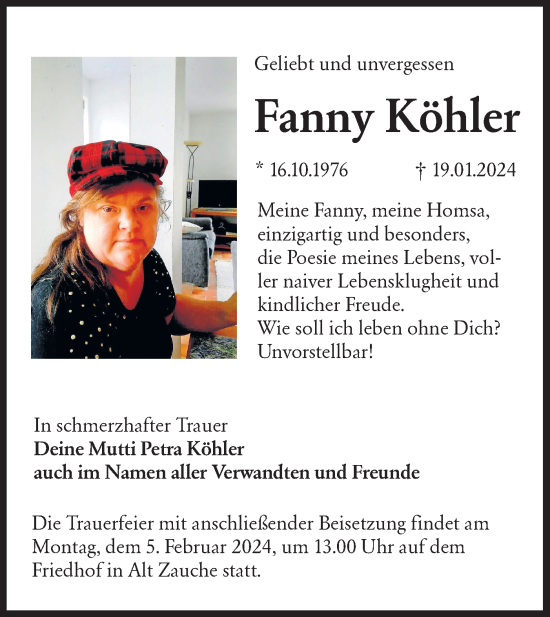Traueranzeige von Fanny Köhler von Lausitzer Rundschau