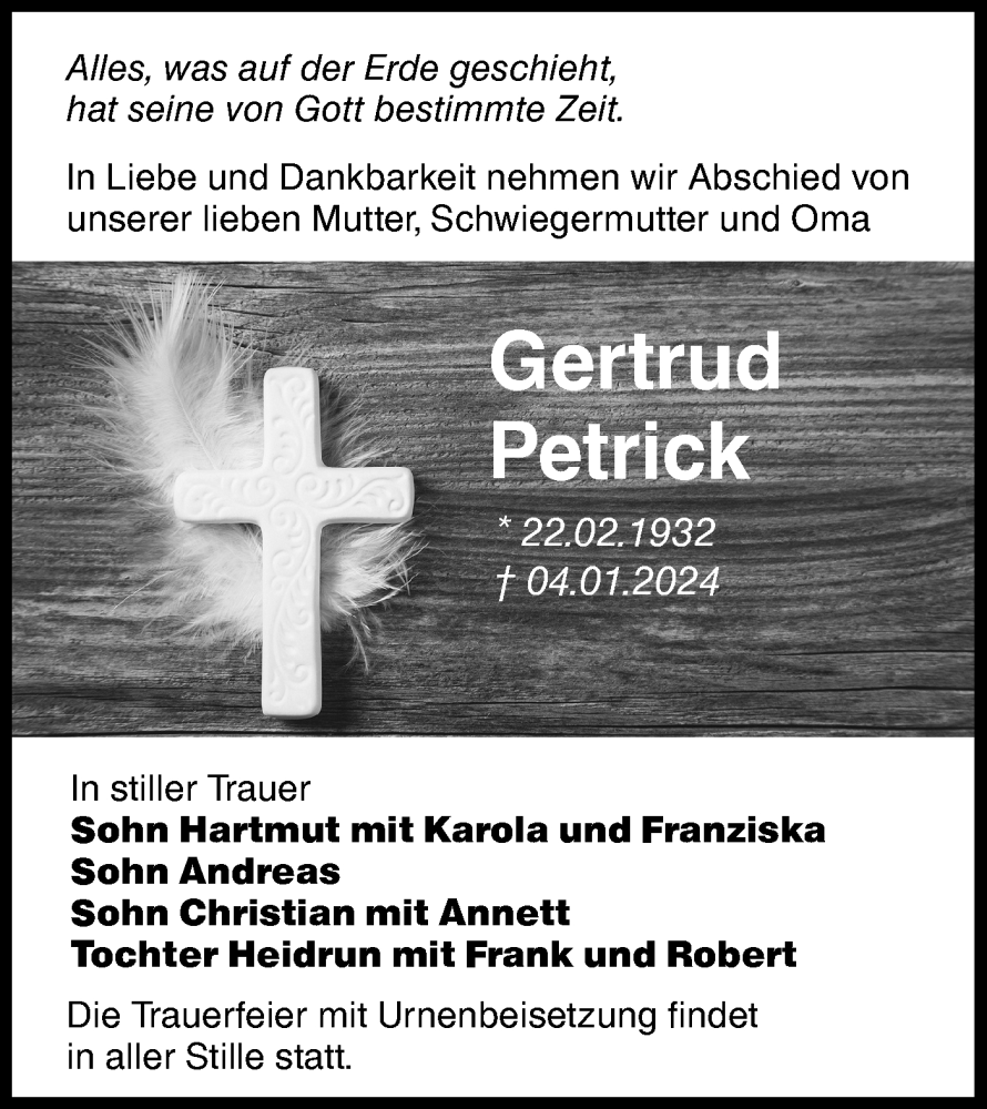  Traueranzeige für Gertrud Petrick vom 13.01.2024 aus Lausitzer Rundschau