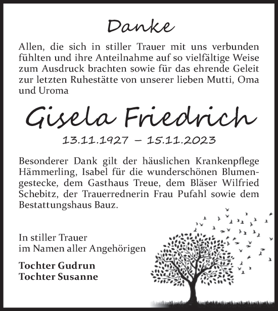 Traueranzeige von Gisela Friedrich von Lausitzer Rundschau
