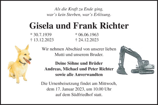 Traueranzeige von Gisela und Frank Richter von Lausitzer Rundschau