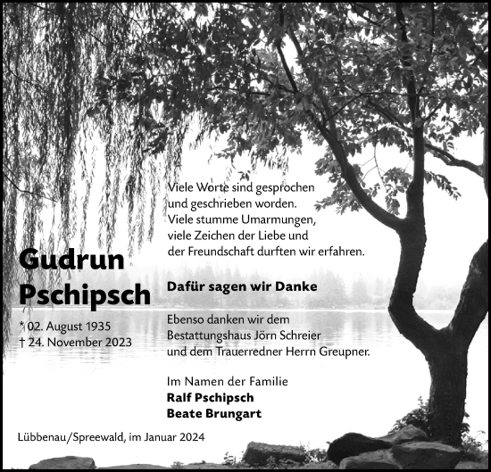 Traueranzeige von Gudrun Pschipsch von Lausitzer Rundschau