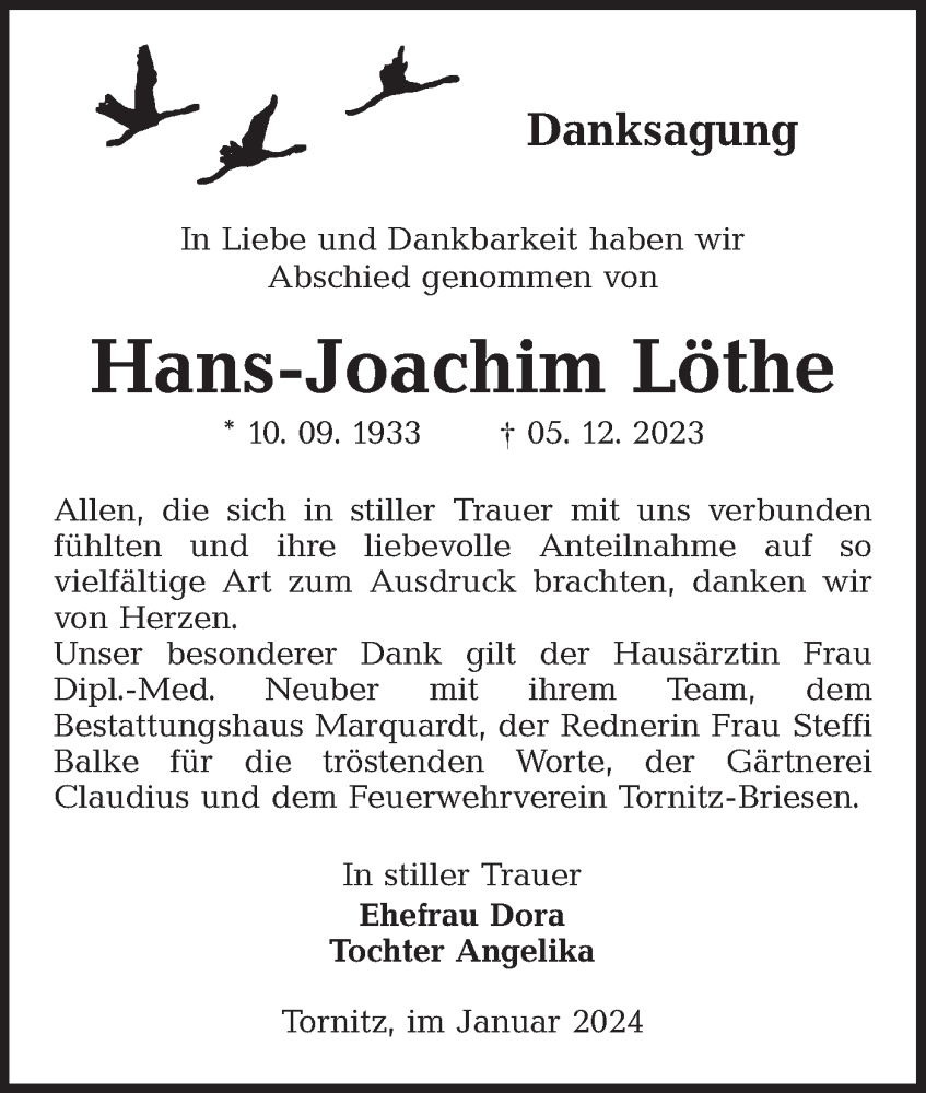  Traueranzeige für Hans-Joachim Löthe vom 27.01.2024 aus Lausitzer Rundschau