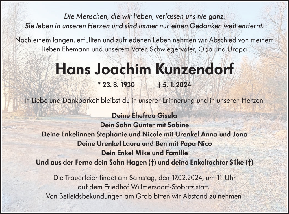  Traueranzeige für Hans Joachim Kunzendorf vom 20.01.2024 aus Lausitzer Rundschau