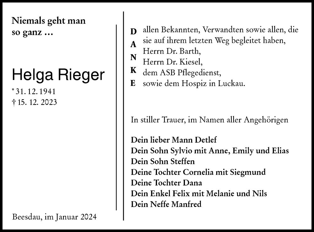  Traueranzeige für Helga Rieger vom 13.01.2024 aus Lausitzer Rundschau
