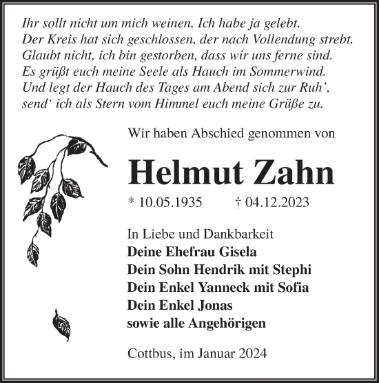 Traueranzeige von Helmut Zahn von Lausitzer Rundschau