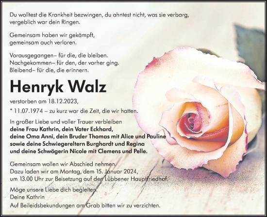 Traueranzeige von Henryk Walz von Lausitzer Rundschau