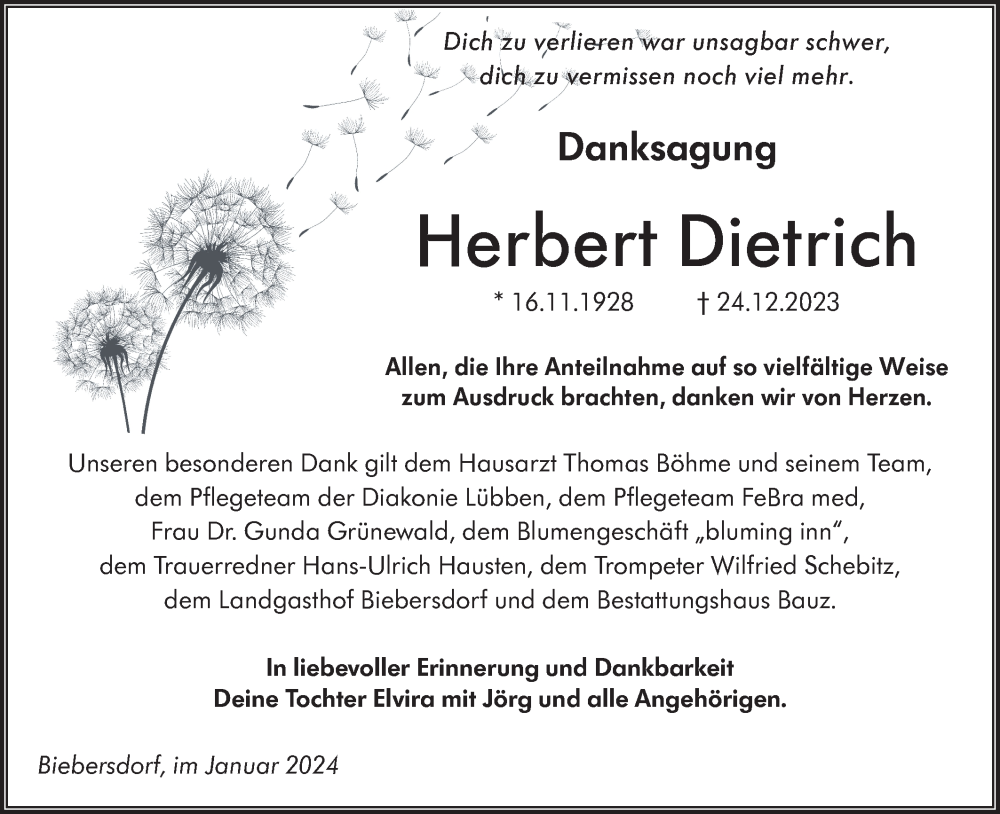  Traueranzeige für Herbert Dietrich vom 20.01.2024 aus Lausitzer Rundschau