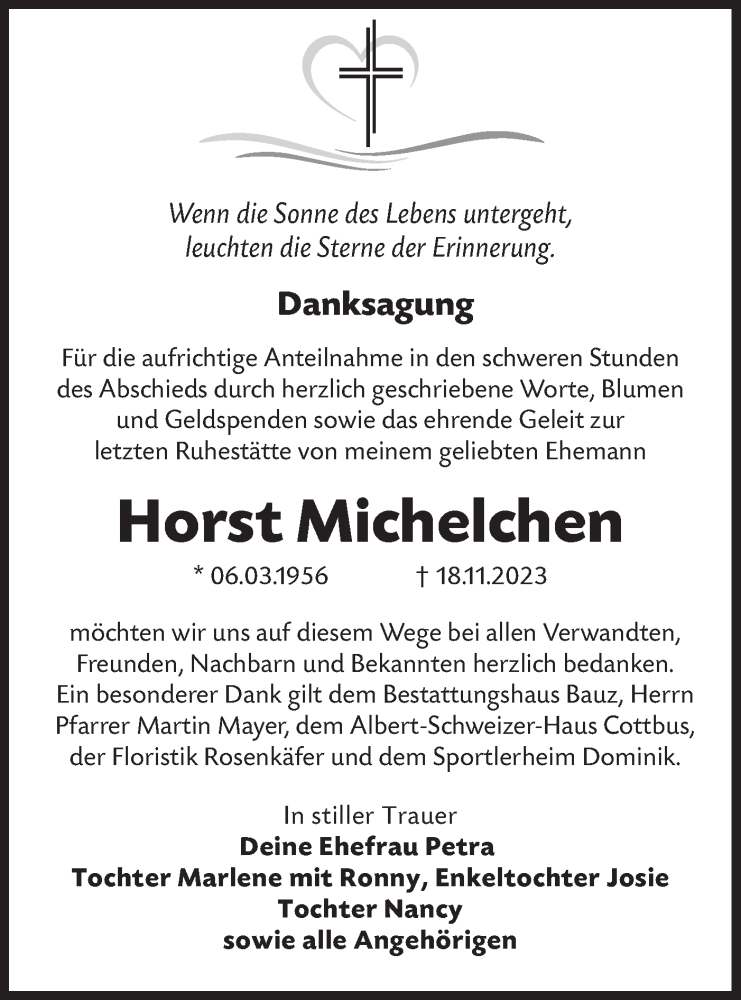  Traueranzeige für Horst Michelchen vom 13.01.2024 aus Lausitzer Rundschau