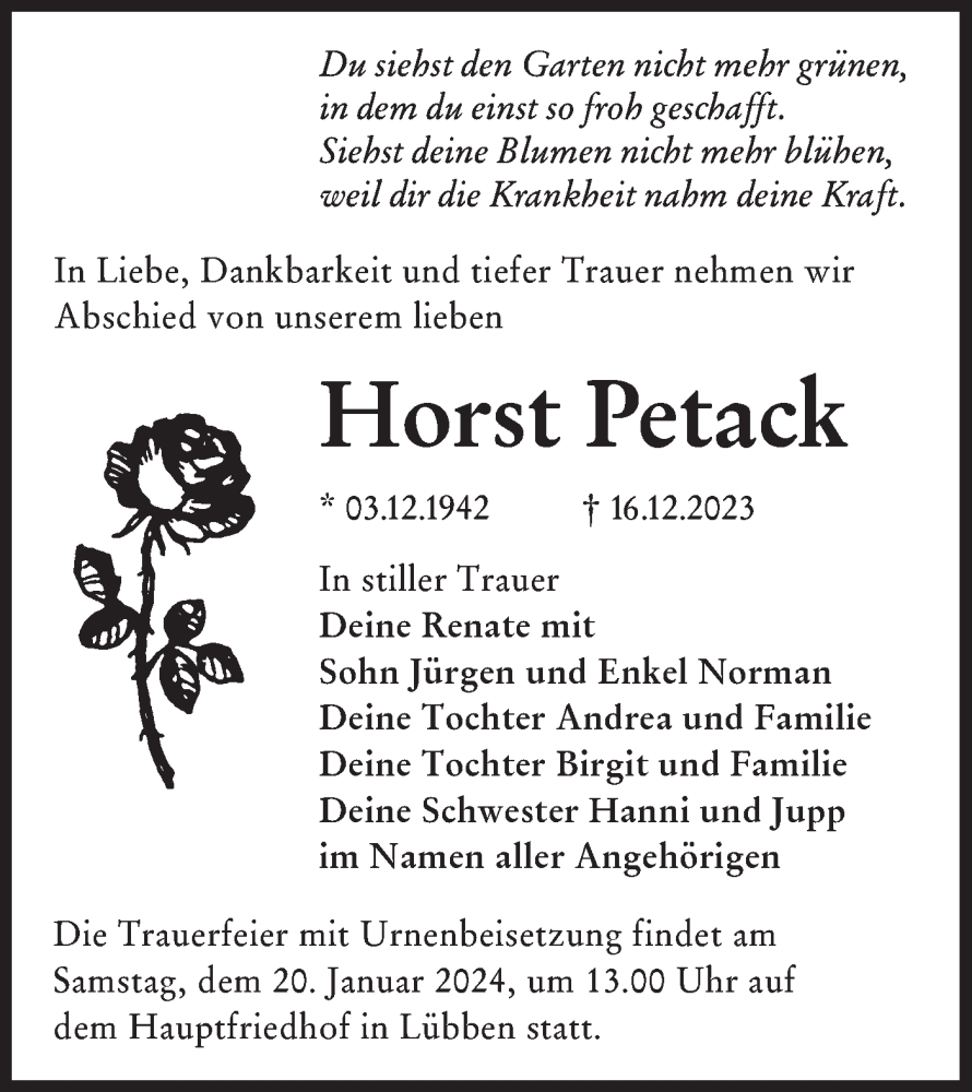  Traueranzeige für Horst Petack vom 04.01.2024 aus Lausitzer Rundschau