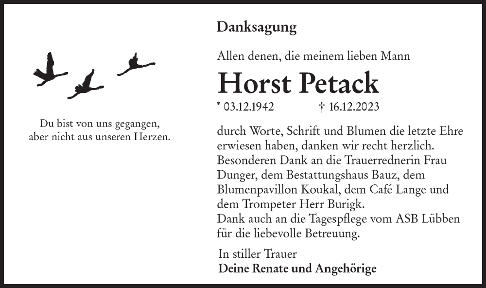  Traueranzeige für Horst Petack vom 27.01.2024 aus Lausitzer Rundschau
