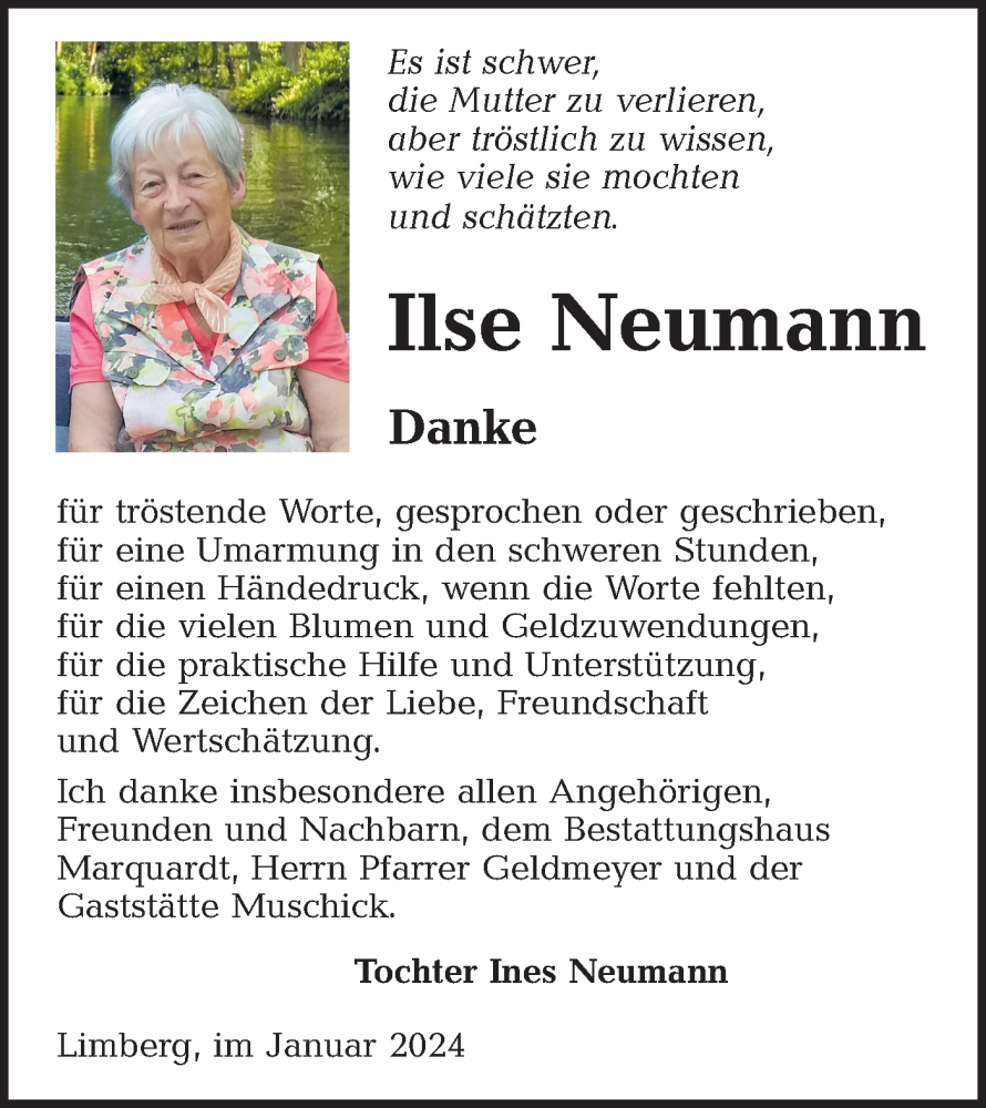  Traueranzeige für Ilse Neumann vom 13.01.2024 aus Lausitzer Rundschau