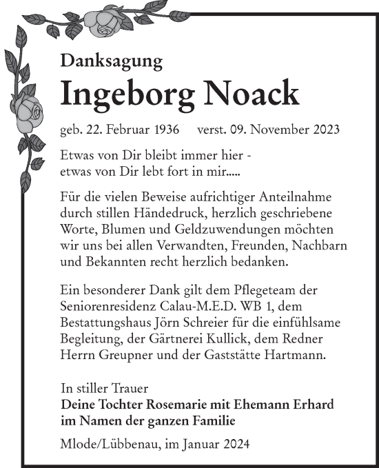 Traueranzeige von Ingeborg Noack von Lausitzer Rundschau