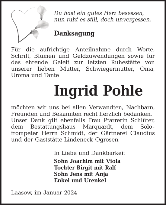 Traueranzeige von Ingrid Pohle von Lausitzer Rundschau