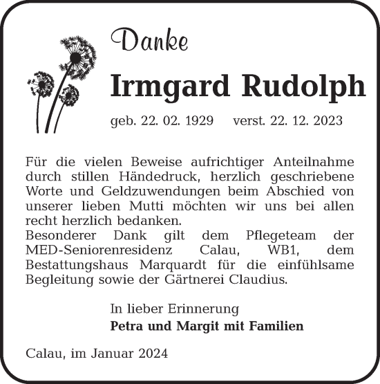 Traueranzeige von Irmgard Rudolph von Lausitzer Rundschau