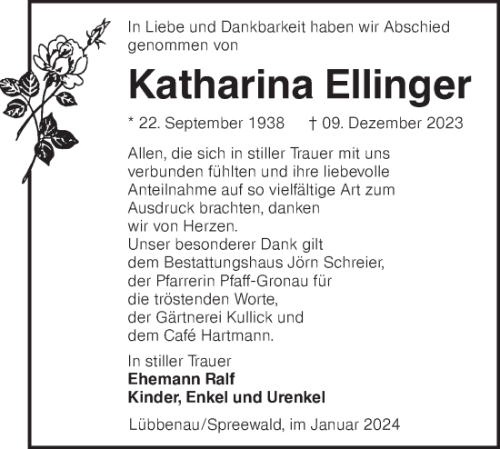Traueranzeige von Katharina Ellinger von Lausitzer Rundschau