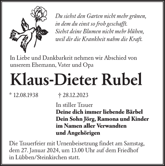 Traueranzeige von Klaus-Dieter Rubel von Lausitzer Rundschau